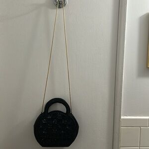 Vintage Black Beaded Shoulder Bag With Gold Chain